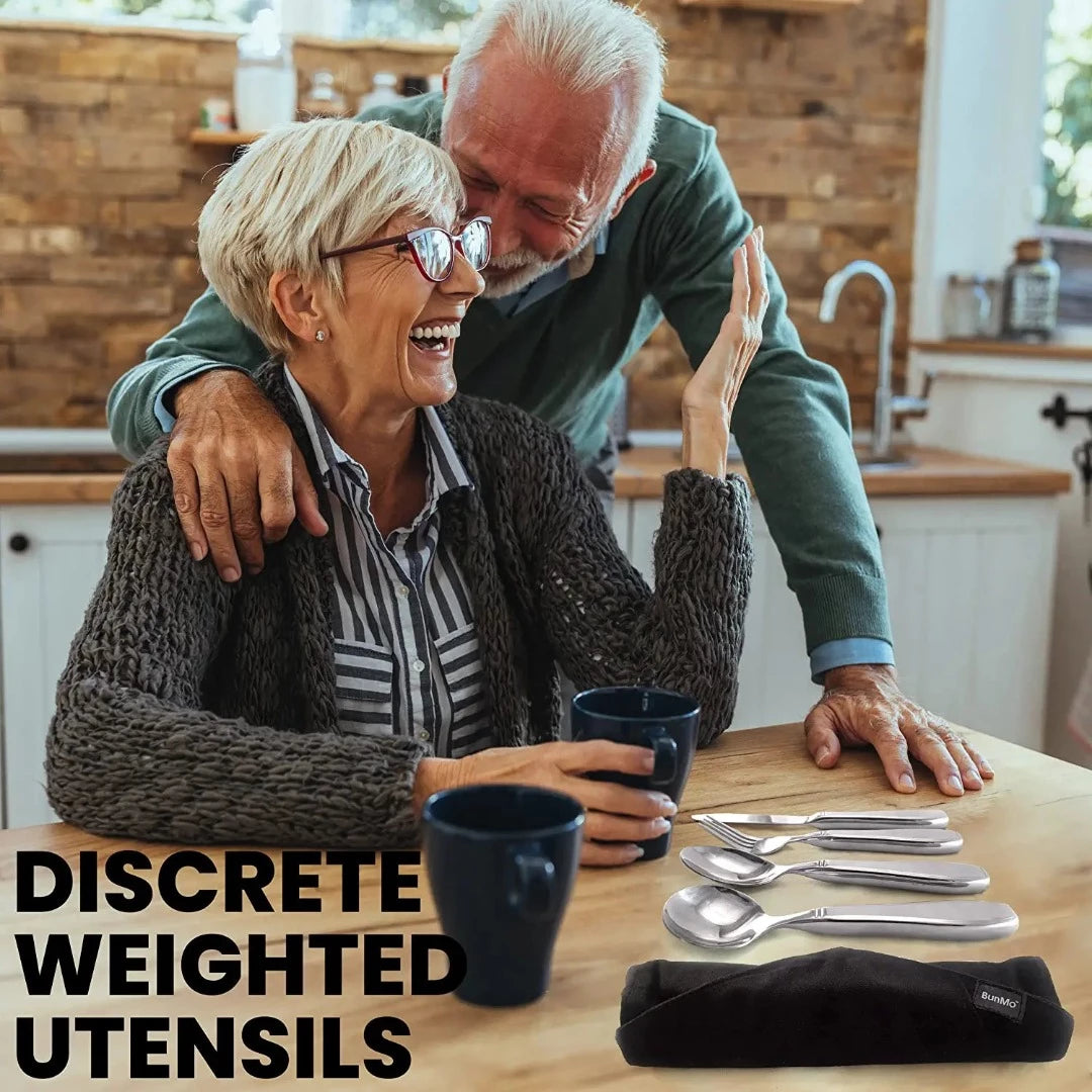 BUNMO Adaptive Utensils for Elderly, Arthritis, Weak Hand Grip &  Handicapped | 4 Piece Set | Convenient Travel Pouch | Lightweight | Easy  Grip Handles